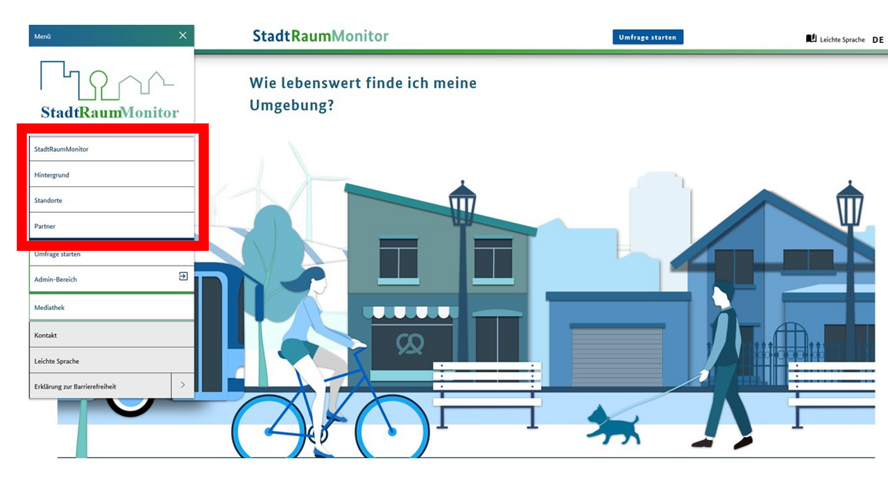 Startbildschirm mit rot umrandendem Themenbereiche im Navigationsmenü links