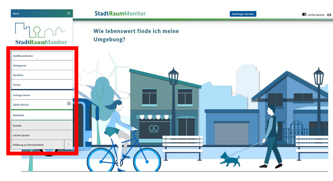 Startbildschirm mit rot umrandendem Navigationsbereich links