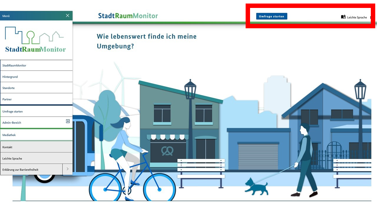 Startbildschirm mit rot umrandendem Navigationsbereich oben